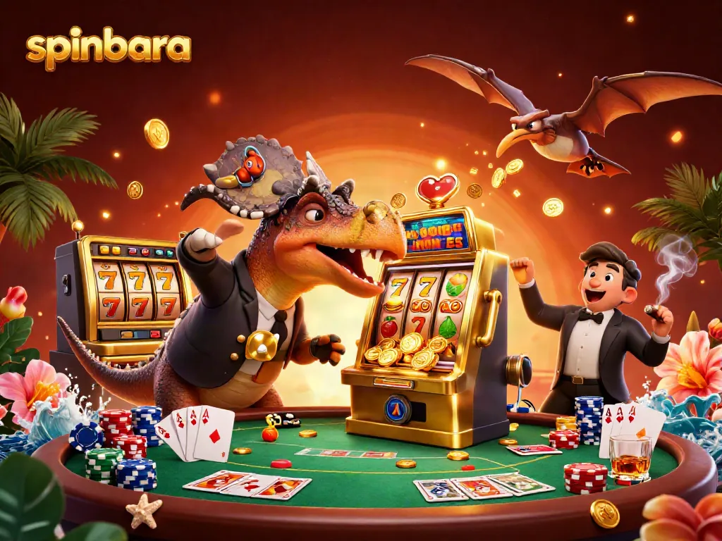 Experience the spinbara thrills as a playful dinosaur wins coins from a slot machine in a dynamic casino scene.