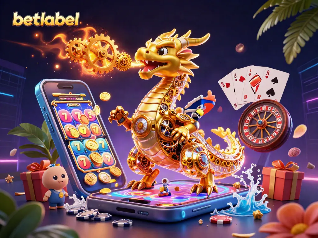 Explore betlabel's gaming excitement with a vibrant golden dragon amidst dynamic casino elements.