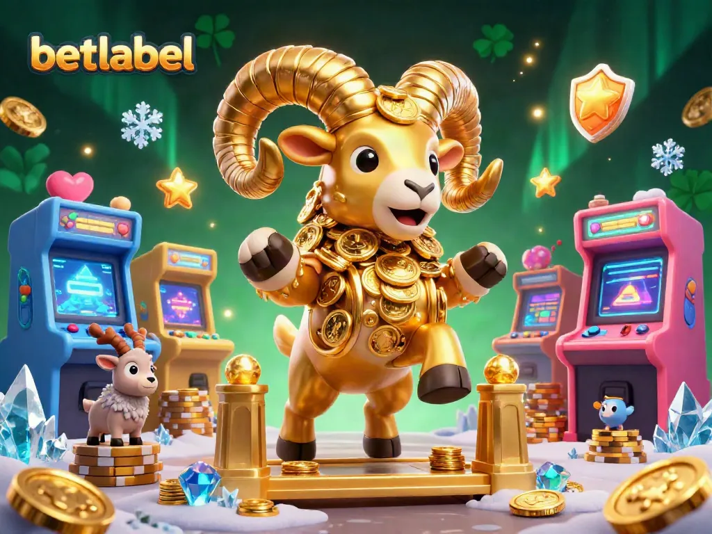 Experience the thrill at betlabel with an energetic 3D casino scene featuring a golden ram and interactive gaming elements.