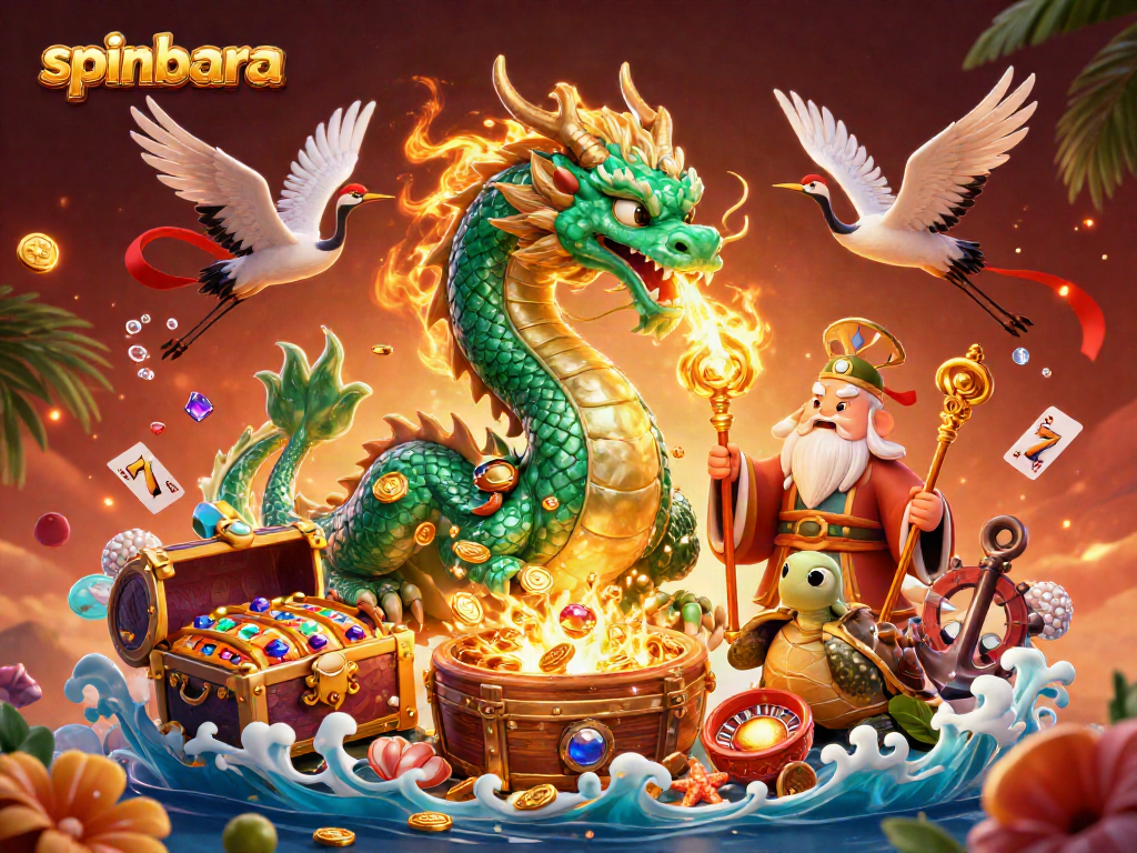 Engage with Spinbara's vibrant gaming scene featuring an emerald dragon and lively slot elements.